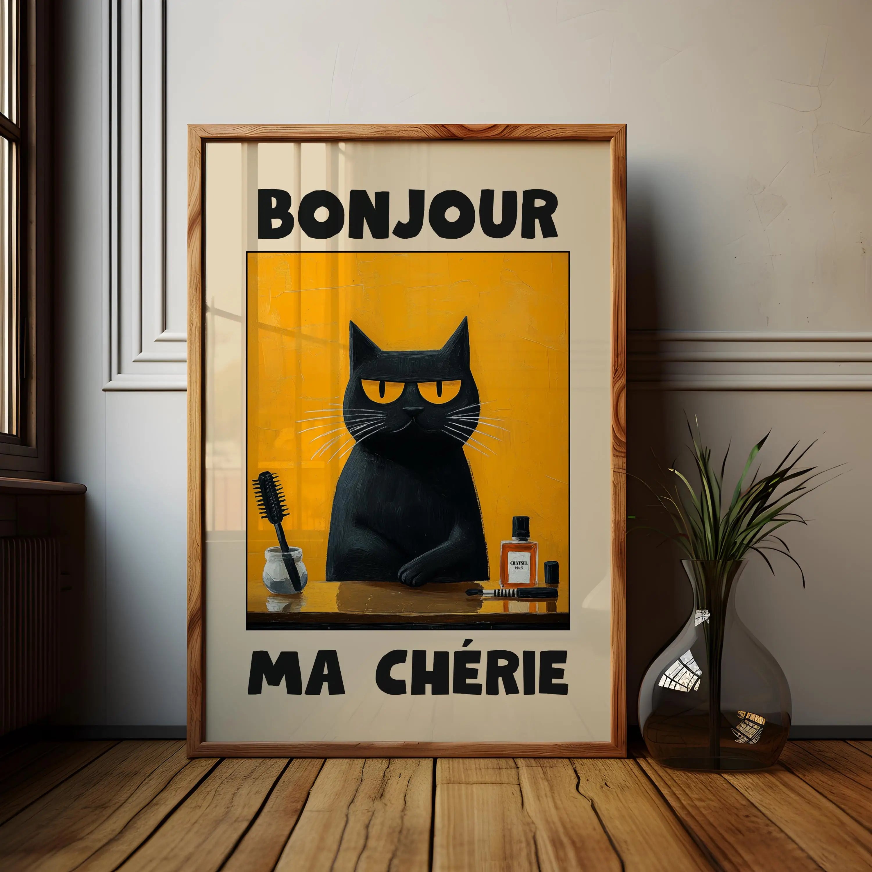 1pc Frameless Black Cat Breakfast Art Poster Retro Style Bonjour Canvas Painting for Dining Room or Bedroom Wall  Art Decoration