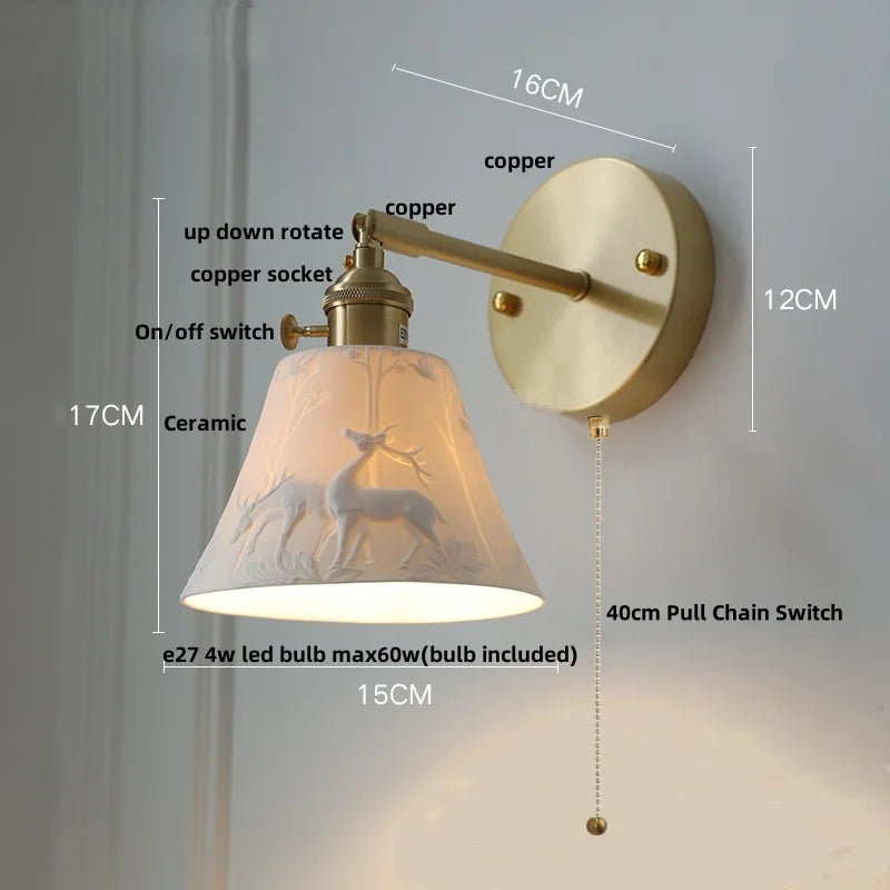 DecorBites™ Copper LED Sconce Wall Lamp Pull Chain Switch Nordic Modern Ceramic Mirror Light