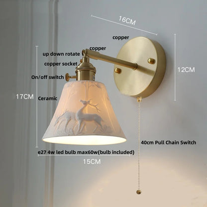 DecorBites™ Copper LED Sconce Wall Lamp Pull Chain Switch Nordic Modern Ceramic Mirror Light