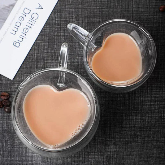 DecorBites™ Heart Glass Mug Set: Double Wall Couple Cups for Tea, Coffee, Beer - Gift Drinkware