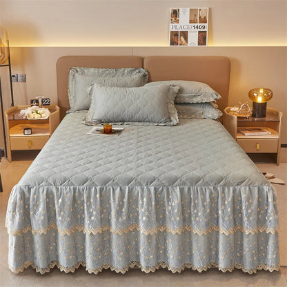 DecorBites™ Cotton Lace Ruffles Quilted Bed Skirt Set with Pillowcases