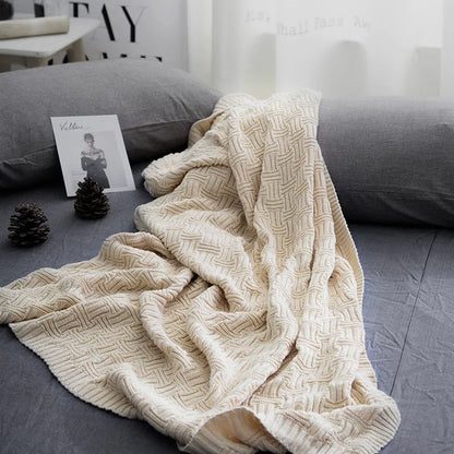 DecorBites™ Cozy Jacquard Blanket: 100% Cotton Solid Color Knitted Shawl for Office or Home