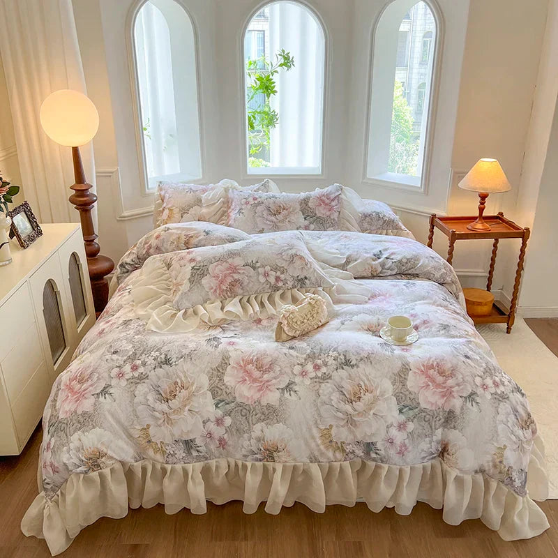 Decorbites™ Französisches Vintage-Spitzen-Prinzessinnen-Bettwäsche-Set mit Blumenprint-Bettüberzug
