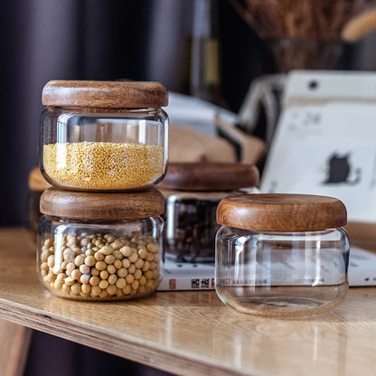 Decorbites™ Akazienholz-Deckel Klar-Glas-Vorratsglas 300ml für Trockenlebensmittel Snacks Süßigkeiten Gewürze Glas