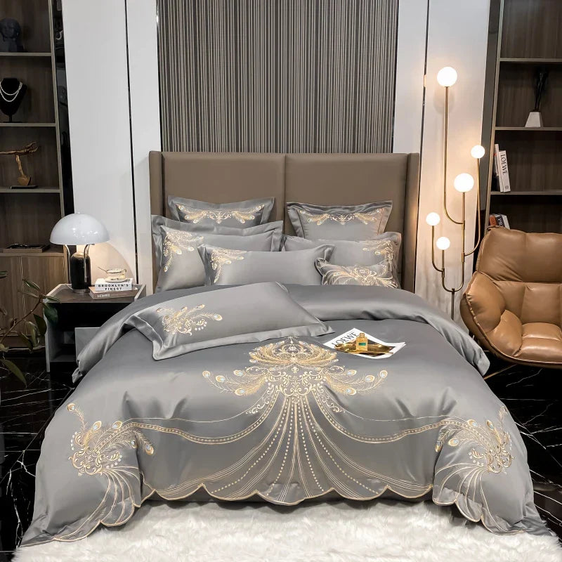 DecorBites™ Gold Feather Embroidery Egyptian Cotton Patchwork Bedding Set