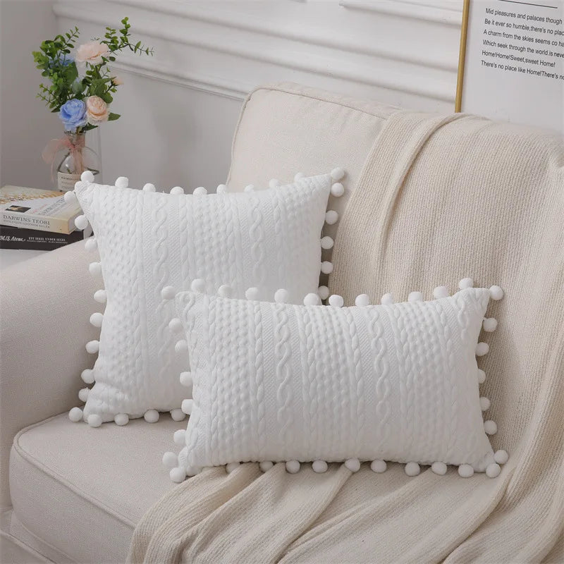 Decorbites™ Spitzen-Pompom-Baumwoll-Kissenbezug, 50x50 cm, Weiße Bälle, Weicher Sitzbezug, Wohnraumausstattung