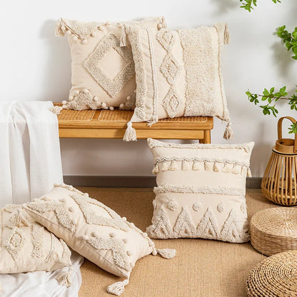 Decorbites™ Beige Wabi-sabi Quastenbesetzte Fransen Geometrische Troddel Baumwolle Leinen Kissenbezug