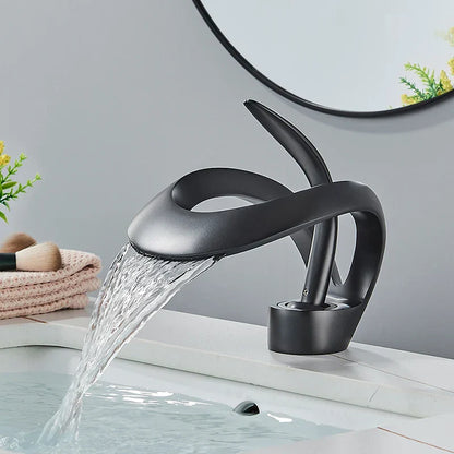 DecorBites™ Black Brass Waterfall Basin Faucet, Single Handle Deck Mount Vanity Tap