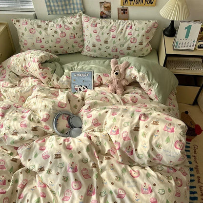 DecorBites™ Cute Cartoon Washed Cotton 4-Piece Bedding Set for Spring Soft Skin-Friendly Sheets