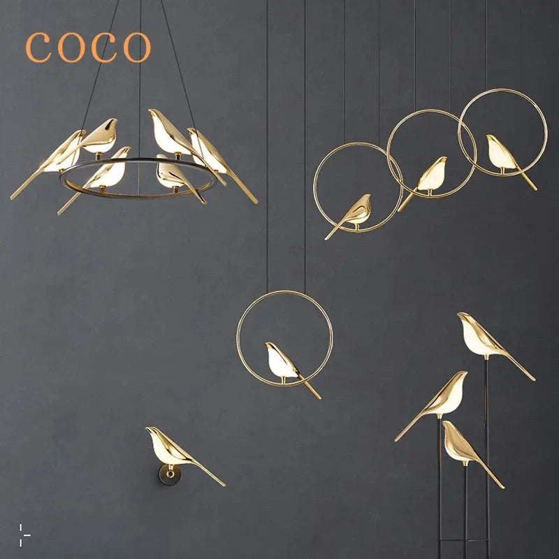 Decorbites™ Goldene Elster-Vogel-Deckenleuchter | Moderne LED-Ringlampe für Esszimmer & Dekoration