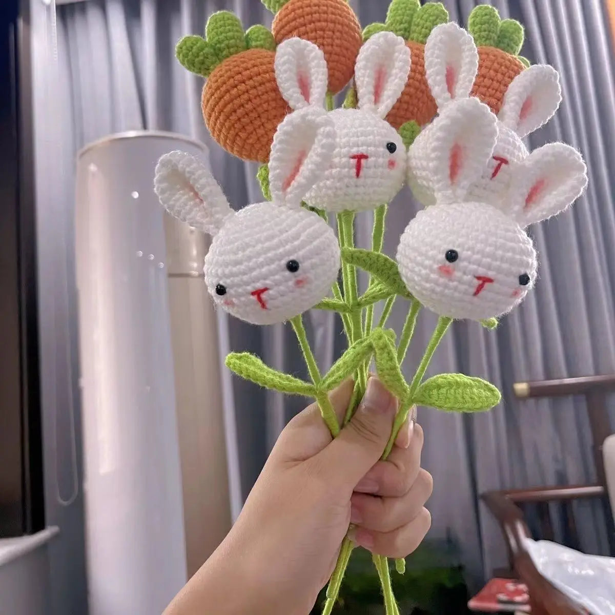 Decorbites™ Gestricktes Sonnenblumen- & Hasen-Bouquet: Handgefertigte Häkel-DIY-Heimdekoration & Geschenk