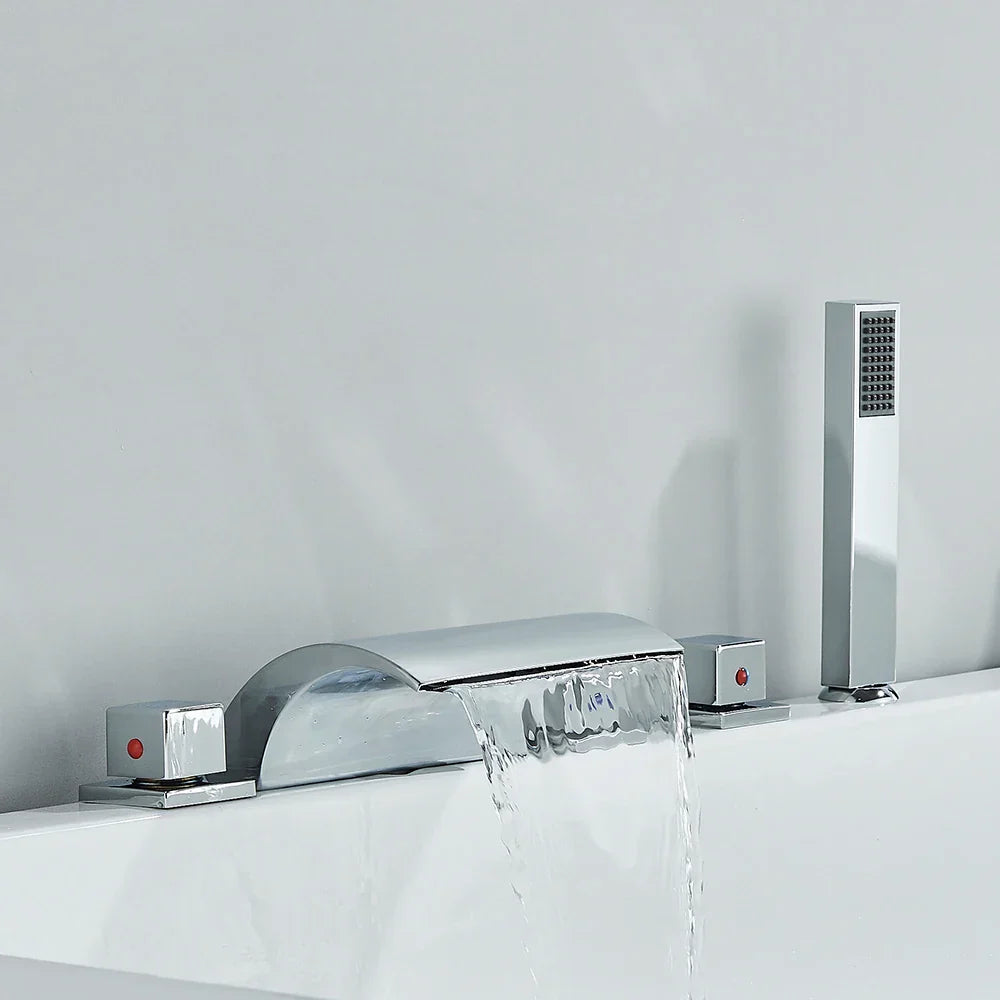 Decorbites™ Schwarze Messing Wasserfall Badewannenarmatur mit drei Griffen Heiß-Kalt-Mischer