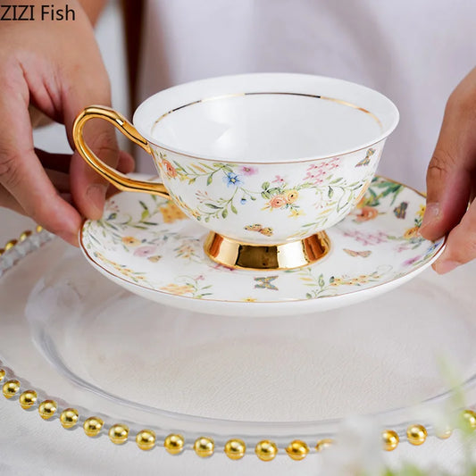 Decorbites™ Goldblumenmuster-Porzellan-Tasse- und Untertassenservice für ein elegantes Essenserlebnis
