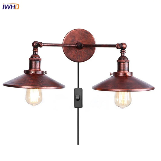 DecorBites™ Industrial Vintage Double Heads LED Wall Light for Coffee Reading, Plug In Bedside Lamp