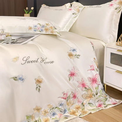 Decorbites™ Blumen-Stickerei Seidenbettwäsche-Set mit Steppdeckenbezug und Spannbettlaken