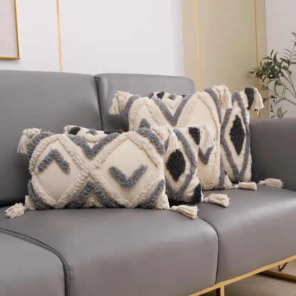 Decorbites™ Graues Geometrisches Tufted Kissenbezug mit Fransen, Deko für Zuhause & Auto Kissenbezug