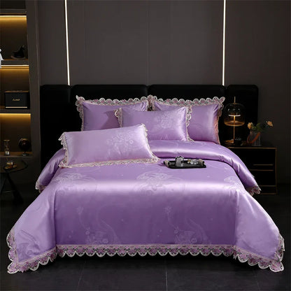 Decorbites™ Golden Jacquard-Baumwoll-Spitzen-Bettwäsche-Set – Seidig weiche Daunendecke, Spannbettlaken, Kissenbezug