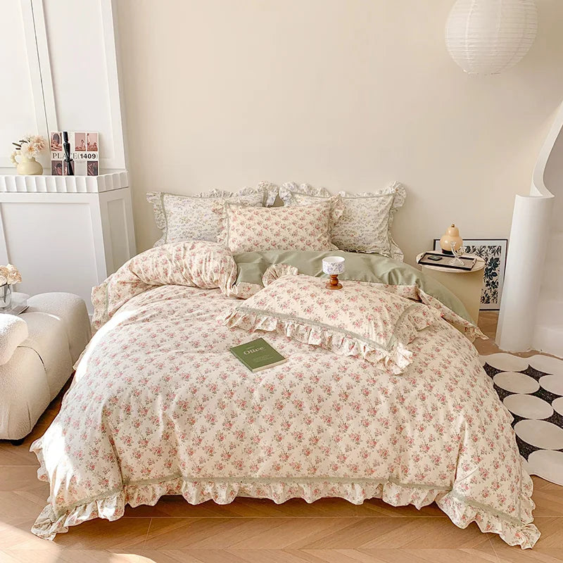 Decorbites™ Französisches Blumenbettwäsche-Set, 100% Baumwolle, Rüschen, Daunendeckelbezug, Bettlaken, Kissenbezüge