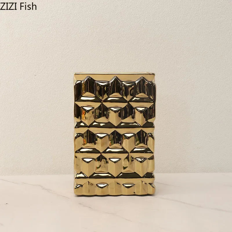 DecorBites™ Goldene Quadratische Keramikvase mit Künstlichen Blumen für Ästhetische Raumdeko