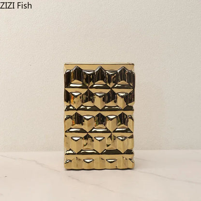 DecorBites™ Goldene Quadratische Keramikvase mit Künstlichen Blumen für Ästhetische Raumdeko