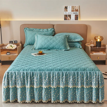 DecorBites™ Cotton Lace Ruffles Quilted Bed Skirt Set with Pillowcases