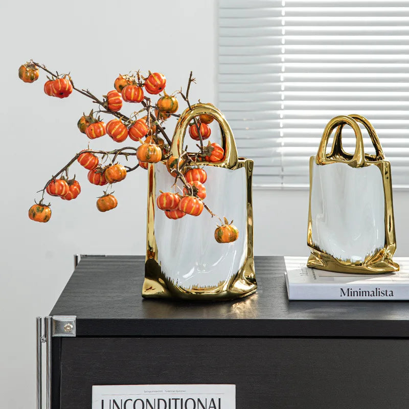 Gold Handbag Ceramic Vase Large Tabletop Decor