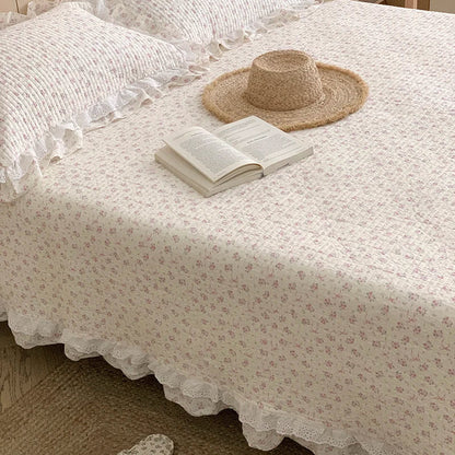 Decorbites™ Koreanische Prinzessin Floral-Spitze Rüschen-Bettüberwurf-Set mit 100% Baumwollsteppung