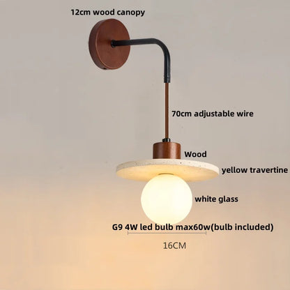 DecorBites™ LED Wall Lamp Pull Chain Switch Wood Nordic Modern Yellow Travertine Mirror Light
