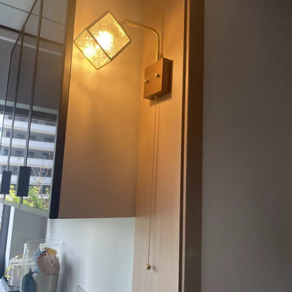 DecorBites™ LED Walnut Wood Cube Glass Wall Light with Pull Chain Switch
