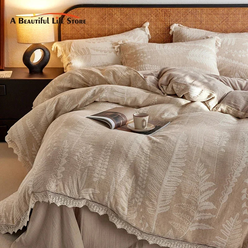 Decorbites™ Leinen-Baumwoll-Gesundheits-Krausgarn-Bettwäsche-Set mit Vintage-Spitze - Bettbezug, Laken, Kissenbezug