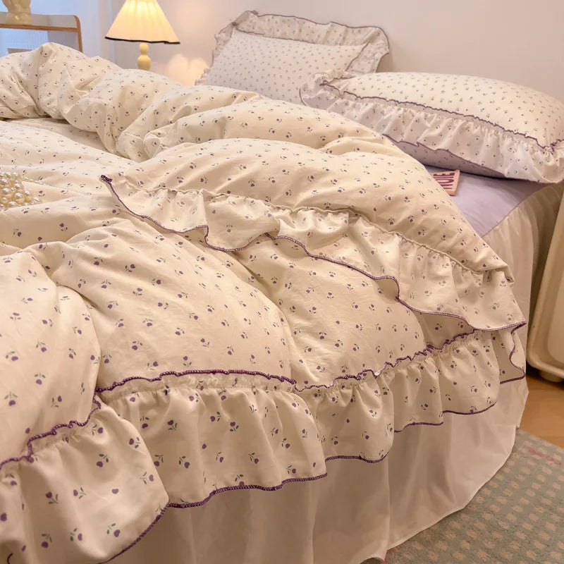 Decorbites™ Koreanische Prinzessin Blumenmuster-Bettwäsche-Set aus gewaschener Baumwolle für Mädchen