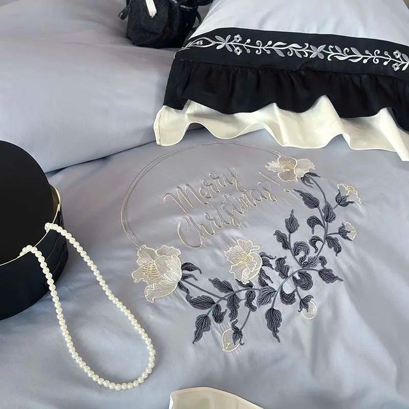 Decorbites™ Blumen-Stickerei Rüschen Baumwoll-Bettwäsche-Set mit Bettbezug, Laken und Kissenbezügen