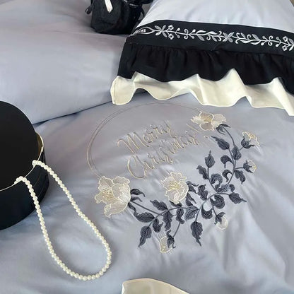 Decorbites™ Blumen-Stickerei Rüschen Baumwoll-Bettwäsche-Set mit Bettbezug, Laken und Kissenbezügen