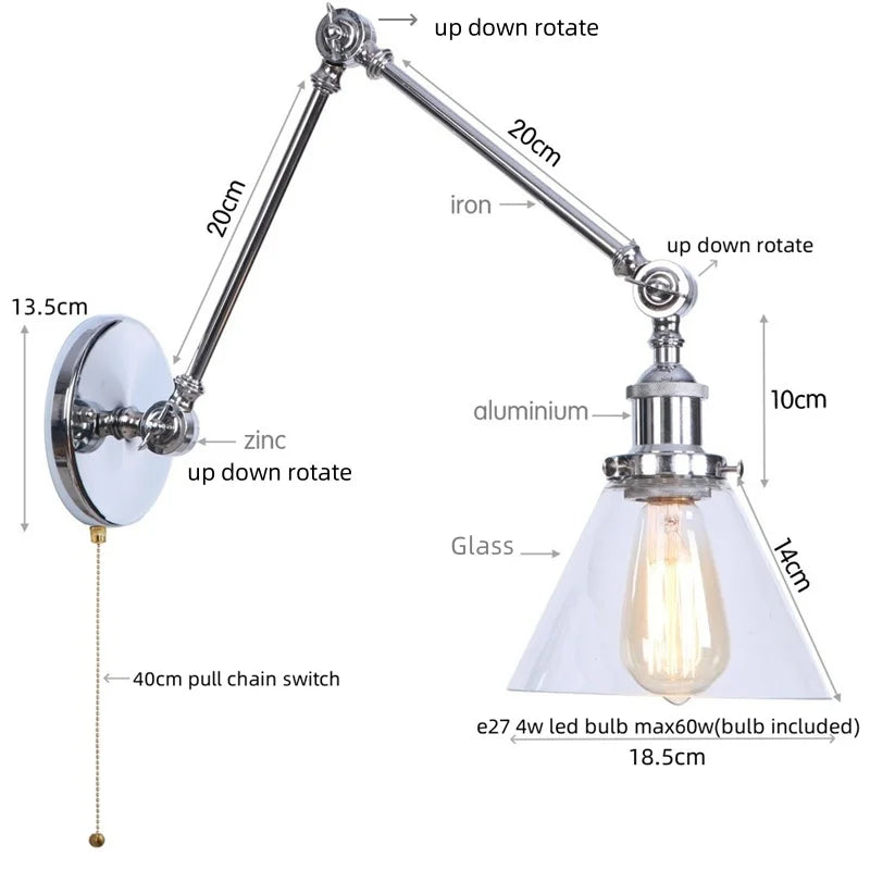 Decorbites™ Industrielles Loft Schwenkarm-LED-Wandleuchte Glas Vintage Spiegel-Lampe