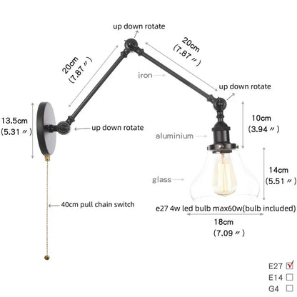 DecorBites™ Industrial Loft Swing Arm Wall Sconce Clear Glass Pull Chain Switch Bedside Lamp