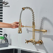 Gold Black Wall Faucet With Dual Swivel Spouts