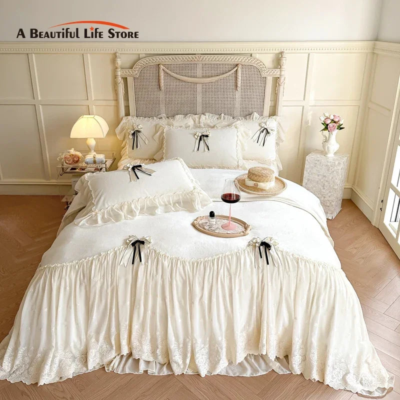 Decorbites™ Spitzen-Volants-Prinzessinnen-Bettwäsche-Set, Samt-Duvet-Cover, Plüsch-Bettlaken, Kissenbezüge