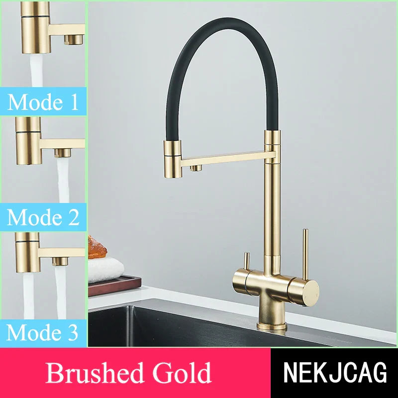 Decorbites™ Gebürstetes Gold 360° Drehbarer Ausziehbarer Küchenfilterarmatur mit Zweigängigem Griff