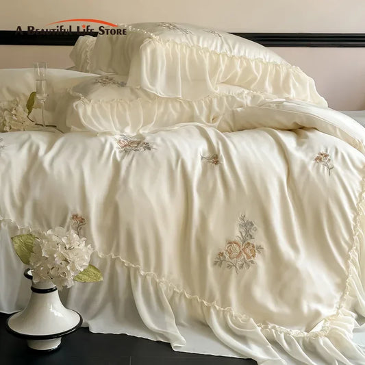 Decorbites™ Blumen-Stickerei-Spitzen-Volants-Bettwäsche-Set aus weichem Lyocell-Stoff