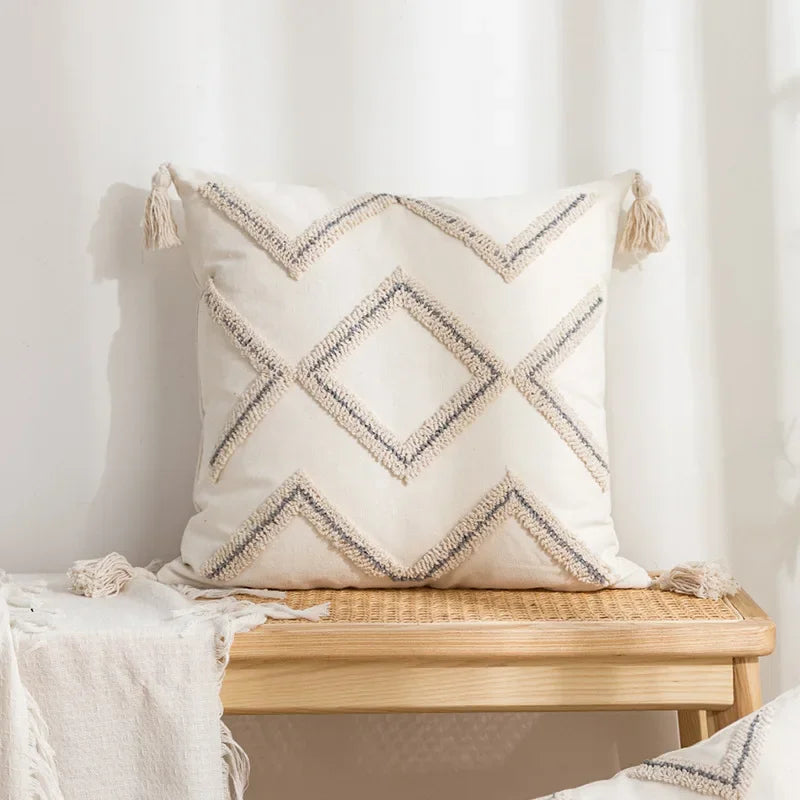 DecorBites™ Geometric Embroidery Tassel Cushion Cover - Grey White Simple Loop Tufted Pillow