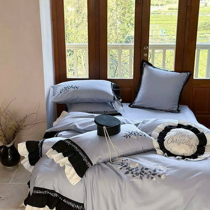 Decorbites™ Blumen-Stickerei Rüschen Baumwoll-Bettwäsche-Set mit Bettbezug, Laken und Kissenbezügen