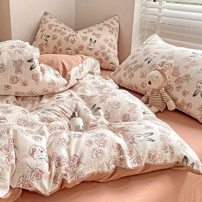 DecorBites™ Cotton Flower Printed Comforter Set: Breathable Double-Layer Yarn, Soft Bedding for Girls