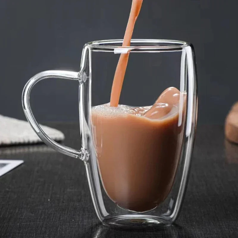 DecorBites™ Double Wall High Borosilicate Glass Mug with Handle, Heat Resistant Coffee Cup
