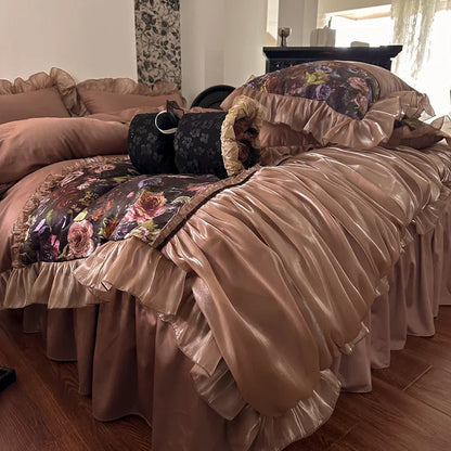 DecorBites™ French Organza Lace Ruffles Bedding Set, Egyptian Cotton Duvet, Sheets & Pillowcases