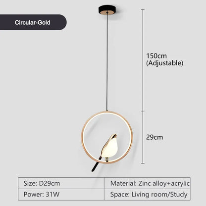 Rotatable Magpie Bird Metal Pendant Light in Gold or Silver