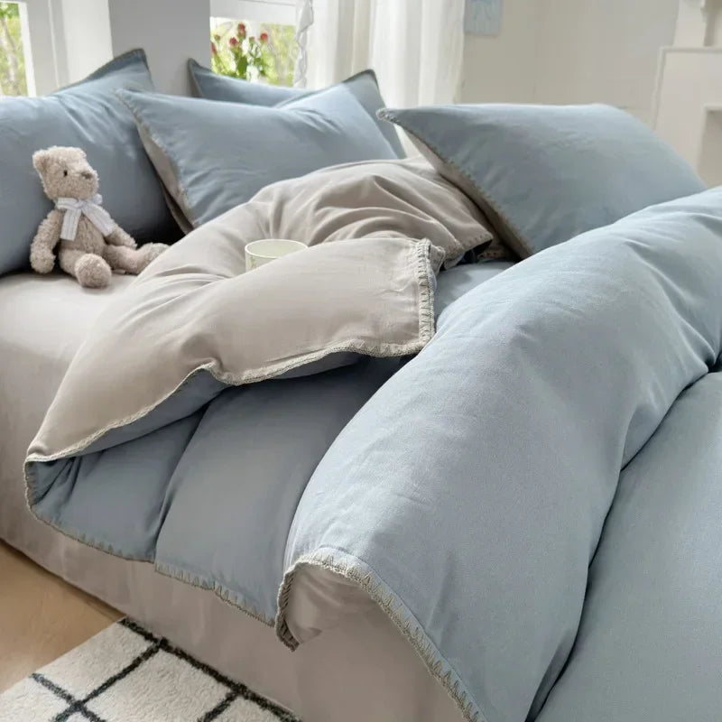 DecorBites™ Double-Layer Cotton Bedding Set - Soft, Skin-Friendly Solid Cover for Single Queen Bed