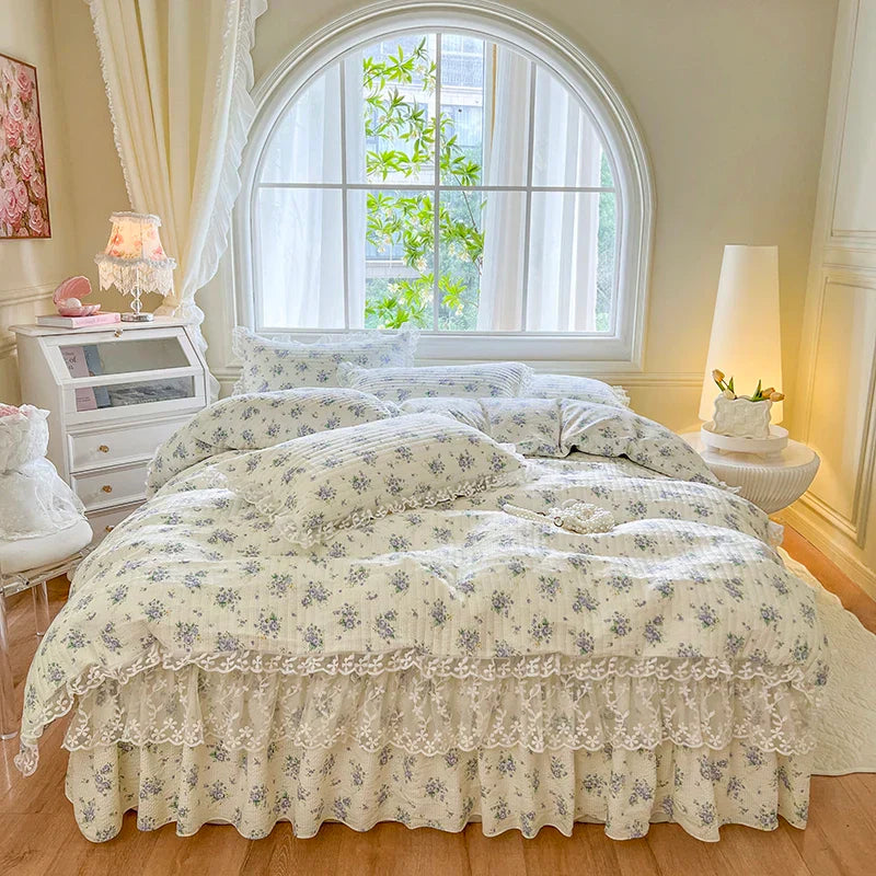 Decorbites™ Französische Spitzen-Volants-Seersucker-Bettset: 4-Tlg. Prinzessinnen-Bettwäsche Quiltbezug