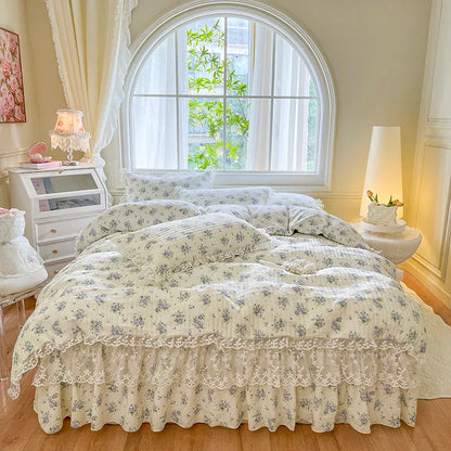 Decorbites™ Französische Spitzen-Volants-Seersucker-Bettset: 4-Tlg. Prinzessinnen-Bettwäsche Quiltbezug