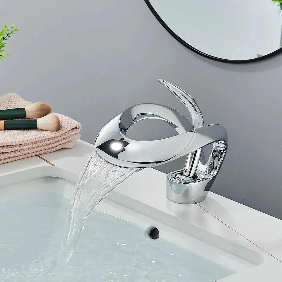 DecorBites™ Black Brass Waterfall Basin Faucet, Single Handle Deck Mount Vanity Tap