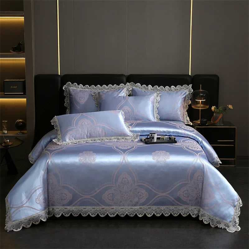 Decorbites™ Golden Jacquard-Baumwoll-Spitzen-Bettwäsche-Set – Seidig weiche Daunendecke, Spannbettlaken, Kissenbezug